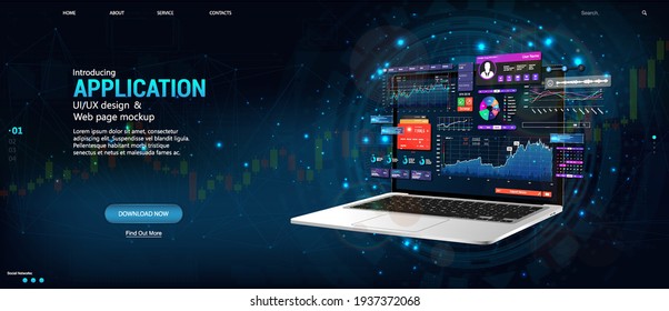 Modern web banner. Business data and investment analysis on laptop with dashboard UI interface. Website and mobile version web. Isometric banner with budget accounting or statistics concept. Vector