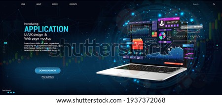 Modern web banner. Business data and investment analysis on laptop with dashboard UI interface. Website and mobile version web. Isometric banner with budget accounting or statistics concept. Vector