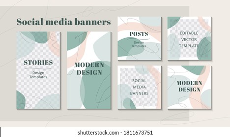 Modern web banner for social media mobile apps, organic design in pastel colors. Stylish social media posts, story and photos. Editable templates with space for text. Vector Illustration