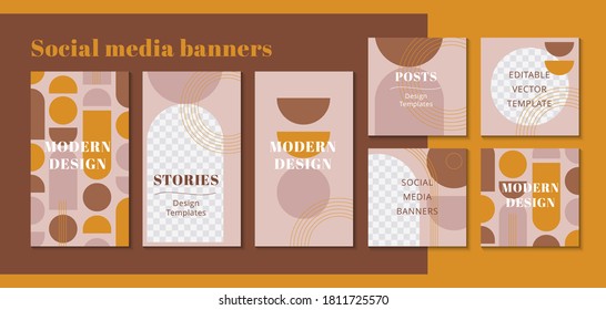 Modern web banner for social media mobile apps, geometric design in terracotta colors. Stylish social media posts, story and photos. Editable templates. Contemporary vector Illustrationn