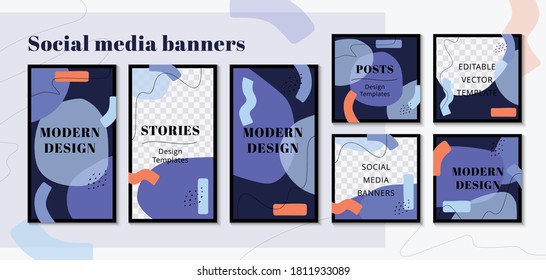 Modern web banner for social media mobile apps, stylish design in blue colors. Simple background for social media posts, story and photos. Editable templates, space for text. Flat vector Illustration