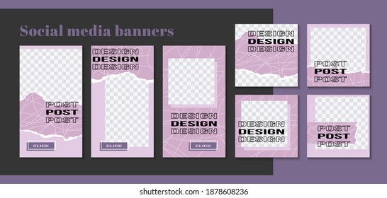 Modern web banner for social media mobile apps in purple color. Stylish social media posts, story and photos. Editable templates with space for text. Vector Illustration