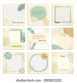 Modern web banner for social media, mobile apps, organic design in pastel colors with tropical palm leaves. Stylish social media posts, story and photos. Abstract background Vector Illustration.