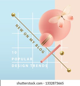 Modern web banner in square format with pink and golden 3d geometric shapes isolated on a blue background