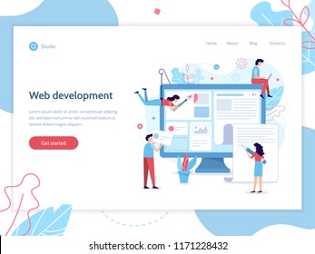 Modern web banner. A team of web developers designs a news portal or information website. Website development. Flat vector illustration.
