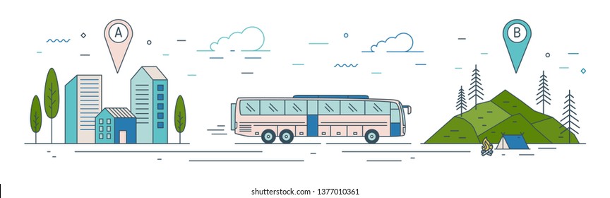 Modern web banner template with bus riding from start point towards tourist camp at finish point. Touristic transportation, adventure travel transport service. Vector illustration in linear style.