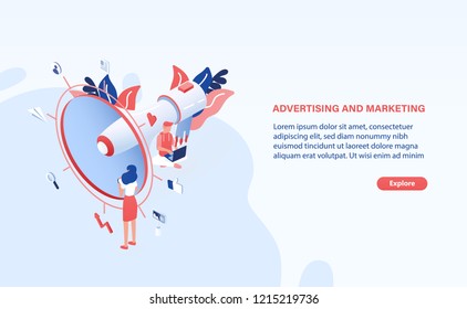 Modern web banner template with giant megaphone or bullhorn, tiny people or office workers and place for text. Internet advertising and marketing. Colorful creative isometric vector illustration.