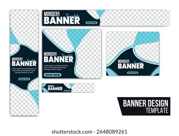 modern web banner template set in standard sizes with abstract wavy photo placeholders, bold headlines, and cyan call-to-action buttons. vector design ideal for digital ads, marketing, and promotions.