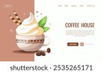 Modern web banner template, website, landing page for a coffee house, featuring a cup of whipped cream-topped coffee. Ideal for use in coffee shop websites, restaurant branding, or promotional