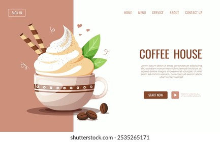 Moderna Plantilla de Anuncio de Web, Sitio web, página de inicio para una cafetería, con una taza de café cremoso batido. Ideal para su uso en Sitios web de cafeterías, marcas de restaurantes o promocionales