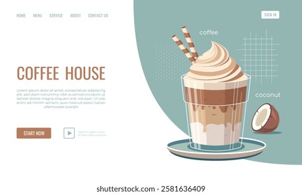 Modern web banner template, website, landing page for a coffee house, featuring a coconut coffee. A cup of coffee with whipped cream. Ideal for use in coffee shop websites, restaurant branding, or