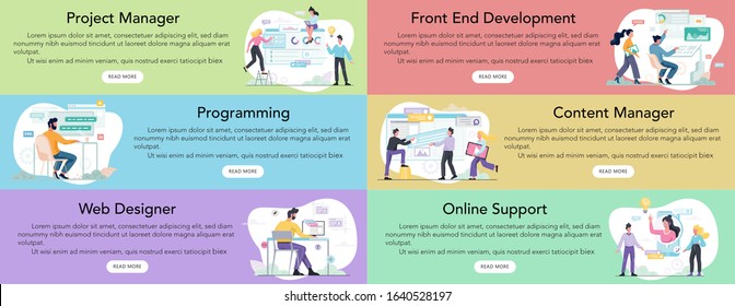 Modern web business service advert banner or website header. Web development and business support. Managment and marketing. Programming and ui, ux design. Seo and copywriting. Wevsite skyscraper.