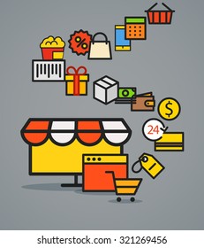 Moderno esquema de comercio web. Concepto de compras de diseño plano