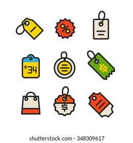 Colección de etiquetas de comercio web moderna aislada en blanco. Concepto de compras de diseño plano