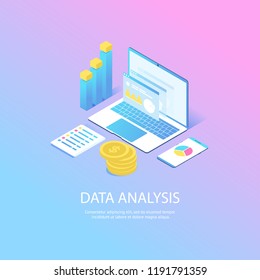 Modern web concept with flat isometric design of data analysis. with laptop, diagram, graphics, coins. vector web landing for website or mobile