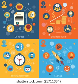 Modern web concepts flat set with contract business idea time management startup isolated vector illustration
