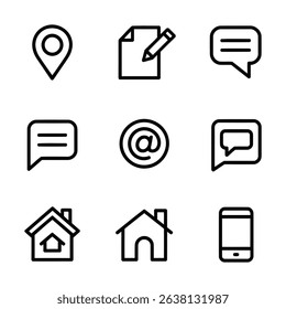 Modern web and contact icon set for internet, communication, and business website design, featuring symbols like home, mail, phone, message and location