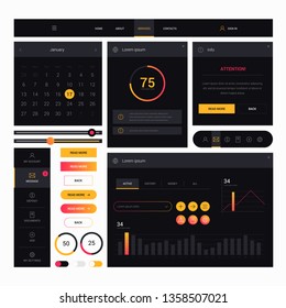 Modern web design elements frame template on black background. Web elements with navigation, buttons, icons for use on the site. Daily ui. Web interface template