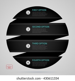 Modern web design sphere template with four options made of black paper stripe. Strict corporate business style. Useful for annual reports, presentations and media.