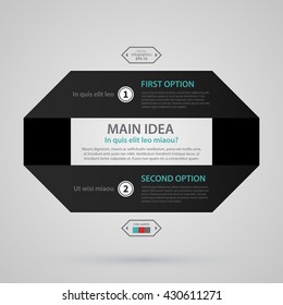 Modern web design template with black paper stripe, two numbered options and text. Strict corporate business style. Useful for annual reports, presentations and media.