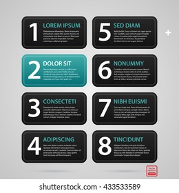 Modern web design template with eight numbered options. Strict corporate business style. Useful for annual reports, presentations and media.