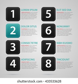 Modern web design template with eight numbered options. Strict corporate business style. Useful for annual reports, presentations and media.