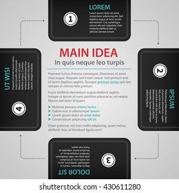 Modern web design template with four black options and text. Strict corporate business style. Useful for annual reports, presentations and media.