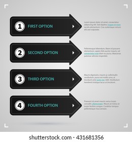 Modern web design template with four black arrows and options. Strict corporate business style. Useful for annual reports, presentations and media.