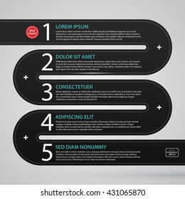 Modern web design template with long black stripe and five options. Strict corporate business style. Useful for annual reports, presentations and media.