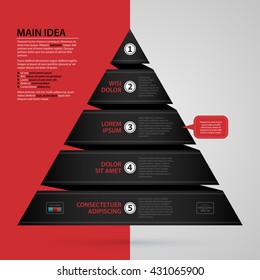 Modern web design template with pyramid chart made of black paper stripe. Strict corporate business style. Useful for annual reports, presentations and media.