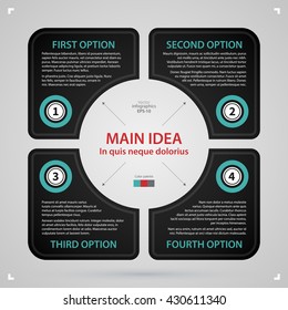 Modern web design template with square made of four options. Strict corporate business style. Useful for annual reports, presentations and media.