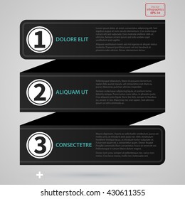 Modern web design template with three horizontal banners/options made of black paper stripe. Strict corporate business style. Useful for annual reports, presentations and media.