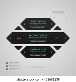 Modern web design template with three black paper options. Strict corporate business style. Useful for annual reports, presentations and media.