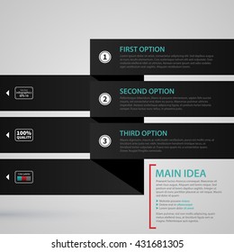 Modern web design template with three black paper stripes and options. Strict corporate business style. Useful for annual reports, presentations and media.