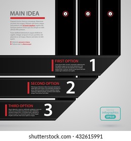 Modern web design template with three black paper stripes and options. Strict corporate business style. Useful for annual reports, presentations and media.