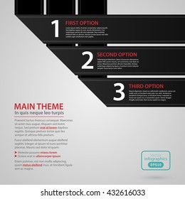 Modern web design template with three black paper stripes and options. Strict corporate business style. Useful for annual reports, presentations and media.