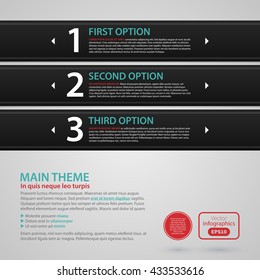 Modern web design template with three black horizontal banners/options. Strict corporate business style. Useful for annual reports, presentations and media.