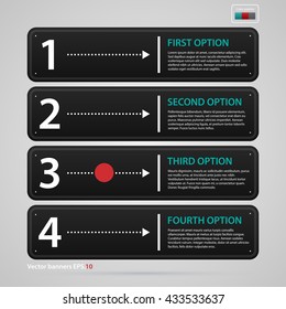 Modern web design template with three black horizontal banners/options with big numbers. Strict corporate business style. Useful for annual reports, presentations and media.