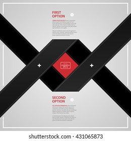 Modern web design template with two crossing black paper stripes and options. Strict corporate business style. Useful for annual reports, presentations and media.
