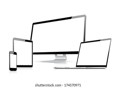 Modern web design vector template with laptop, tablet, smartphone, computer isolated on white