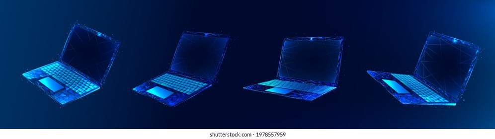Modern web design vector template with laptop. Polygonal collection of blue notebooks. Laptop layouts.