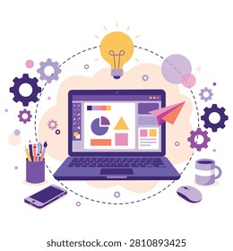 Modern web design workspace featuring laptop analytics dashboard creative tools and digital strategy elements illustrating application development user interface planning technology innovation and online business solutions.