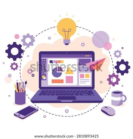 Modern web design workspace featuring laptop analytics dashboard creative tools and digital strategy elements illustrating application development user interface planning technology innovation and online business solutions.