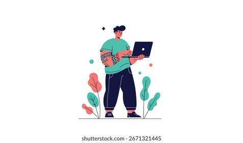 Modern web developer working on a laptop with a stylish background