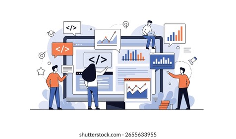 Equipe moderna de desenvolvimento na Web e análise de dados colaborando em um projeto digital com interface e gráficos futuristas