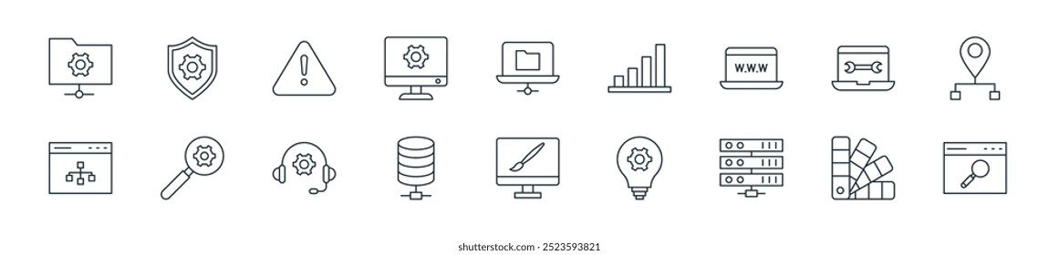 modern web development icon pack. perfect for linear ui designs featuring vector browser, color palette, server, bulb, monitor screen, database, headphone and more icons for mobile and web apps.