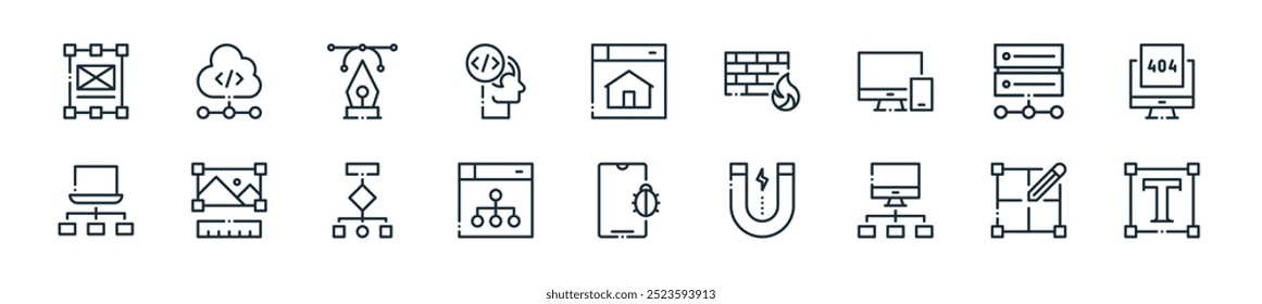 pacote de ícones de desenvolvimento web moderno. perfeito para projetos de interface do usuário linear com texto vetorial, layout, computador, conteúdo, bug, ux de, fluxograma e mais ícones para aplicativos móveis e web.