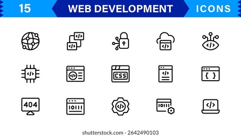 Modern Web Development Icon Set Featuring Coding, Websites, Programming, Design, and Development Concepts in a Professional, Clean Vector Style
