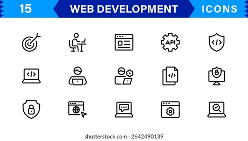 Modern Web Development Icon Set Featuring Coding, Websites, Programming, Design, and Development Concepts in a Professional, Clean Vector Style
