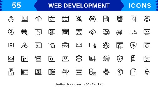 Modern Web Development Icon Set Featuring Coding, Websites, Programming, Design, and Development Concepts in a Professional, Clean Vector Style
